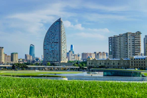 Modern skyscrapers grace a city skyline.