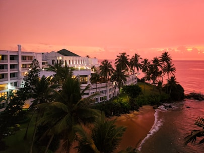 A resort is bathed in the warmth of sunset.