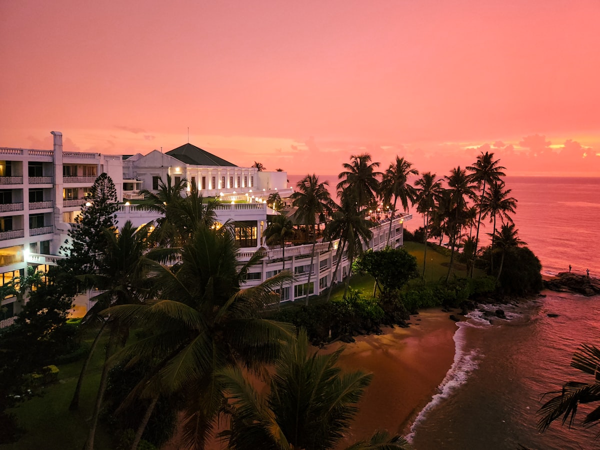 A resort is bathed in the warmth of sunset.