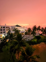 Sunset over a hotel and palm trees.