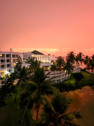 Sunset over a hotel and palm trees.