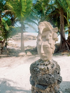 A carved stone head stands by the beach.