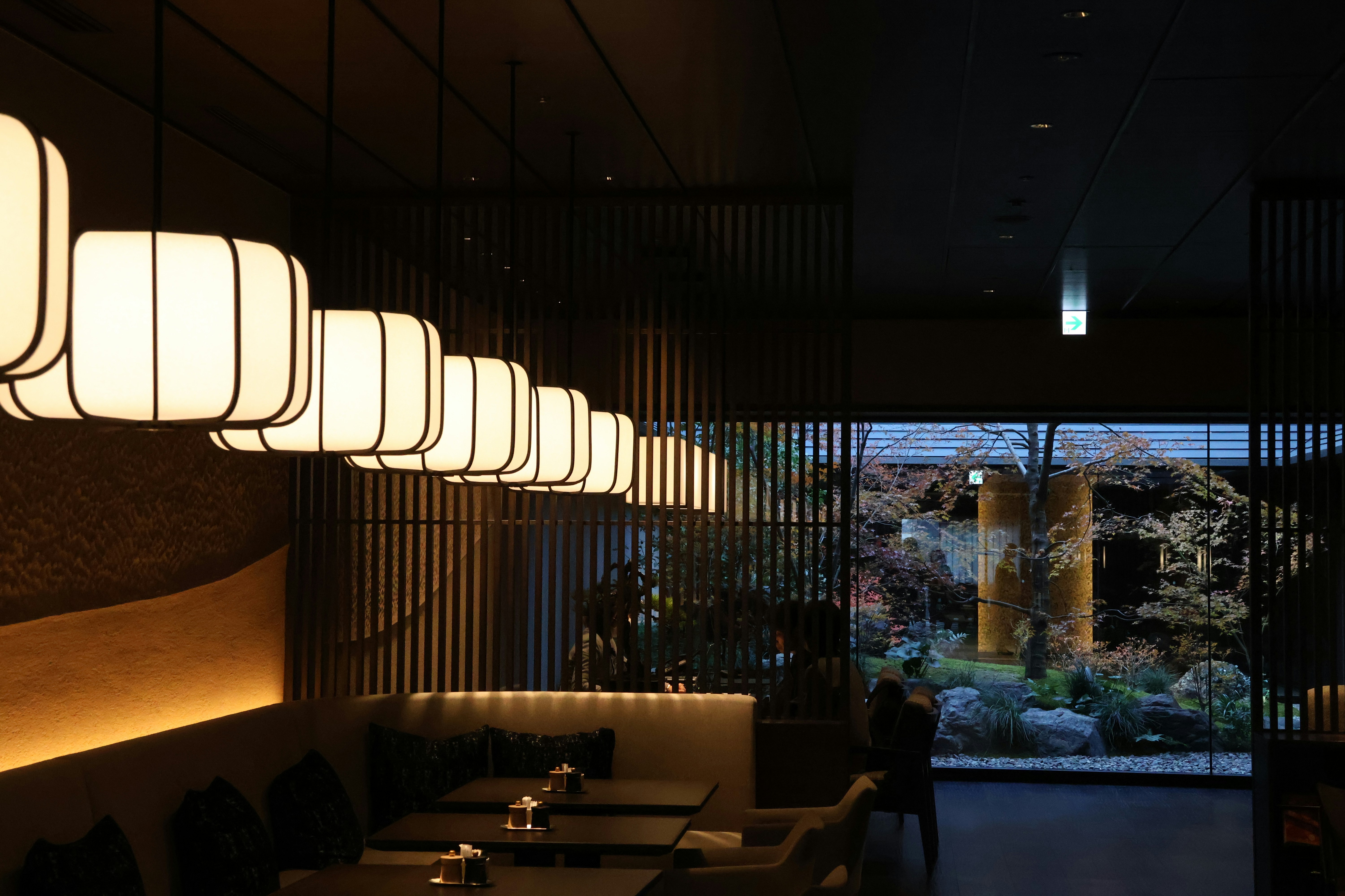 Restaurant interior with hanging lights