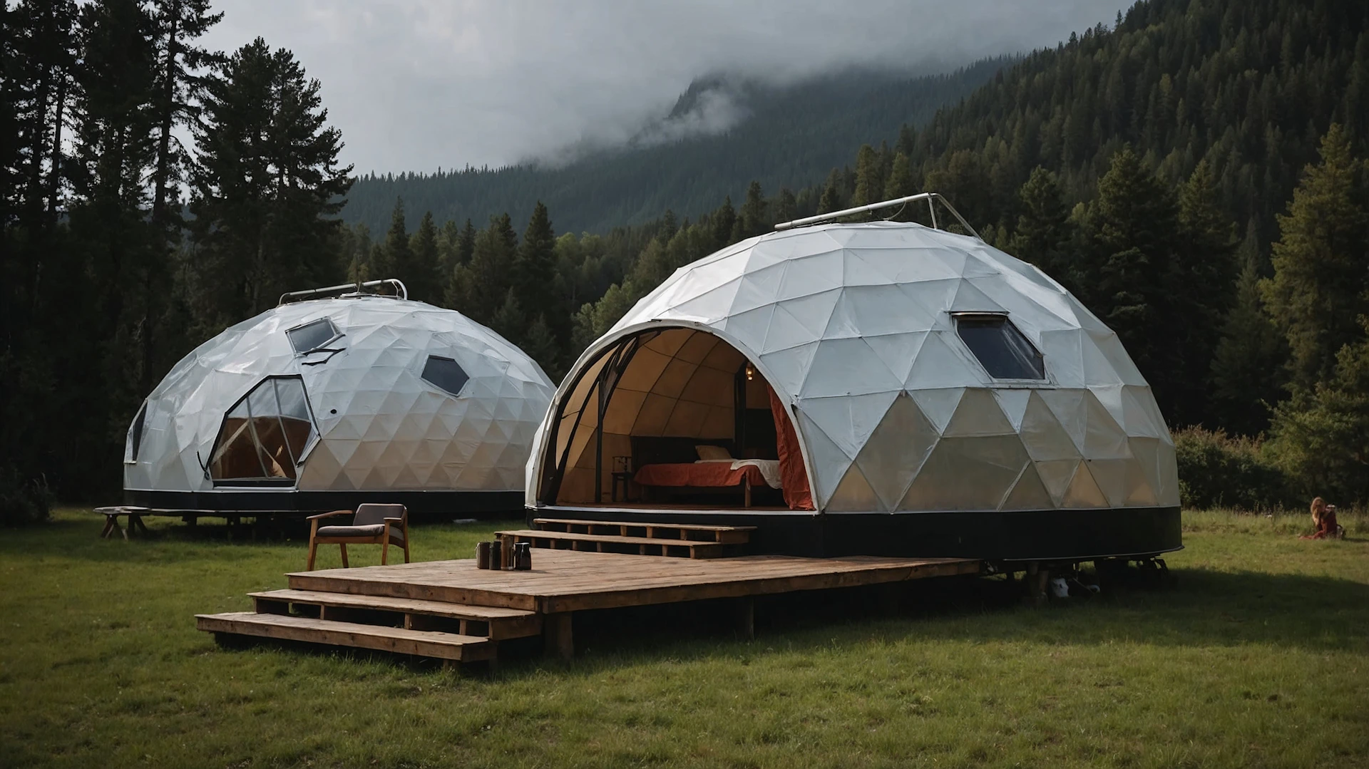 Geodesic dome structures amidst a scenic, natural landscape.