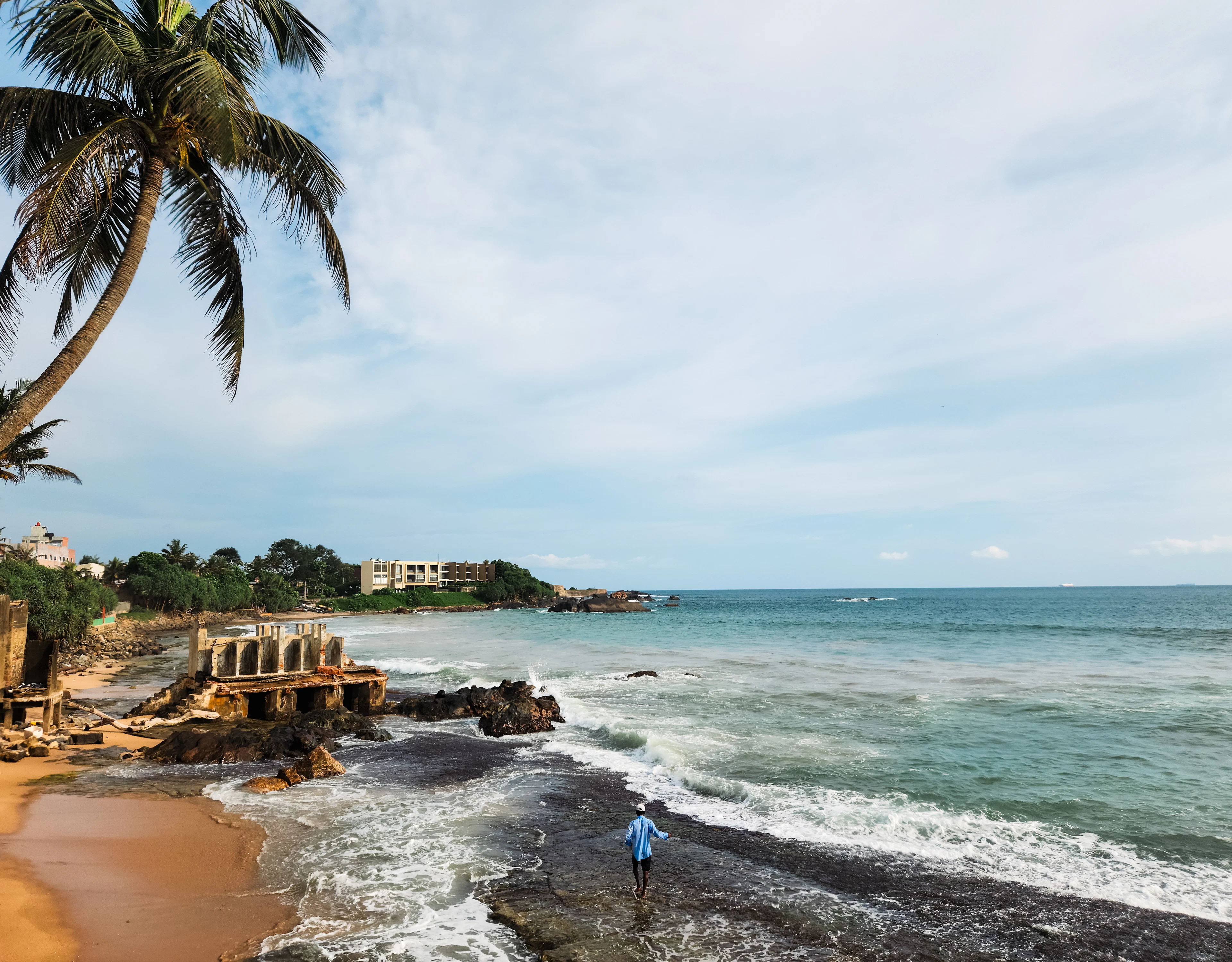 A palm leaning over a rocky shore and Indian Ocean surf, with a figure wading in the shallows, Galle, Sri Lanka
