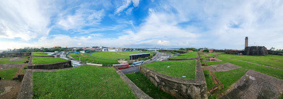 Panoramic view of a grassy field and buildings.
