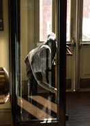 A person looks out a glass door.