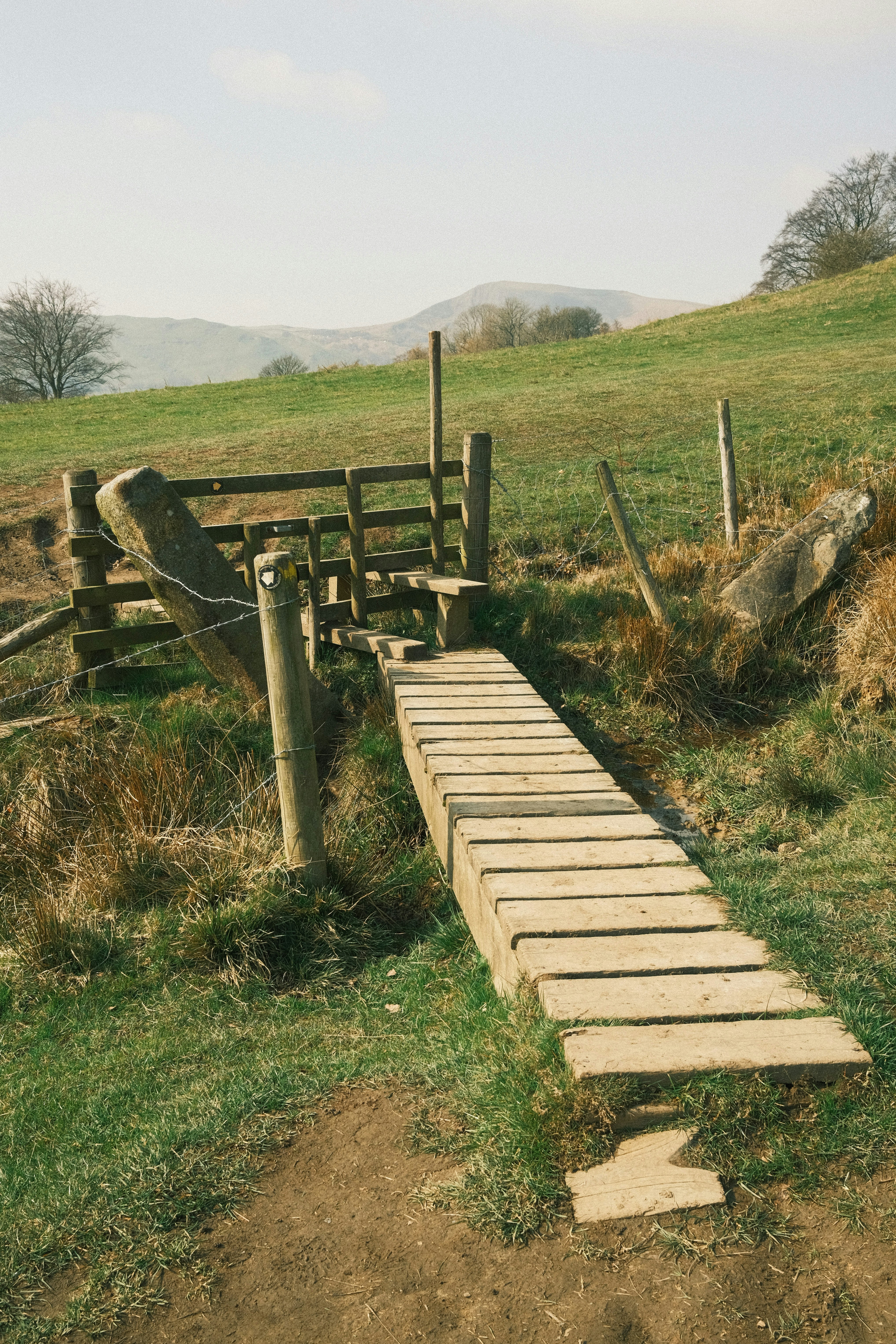 A wooden bridge and gate lead over a hill.