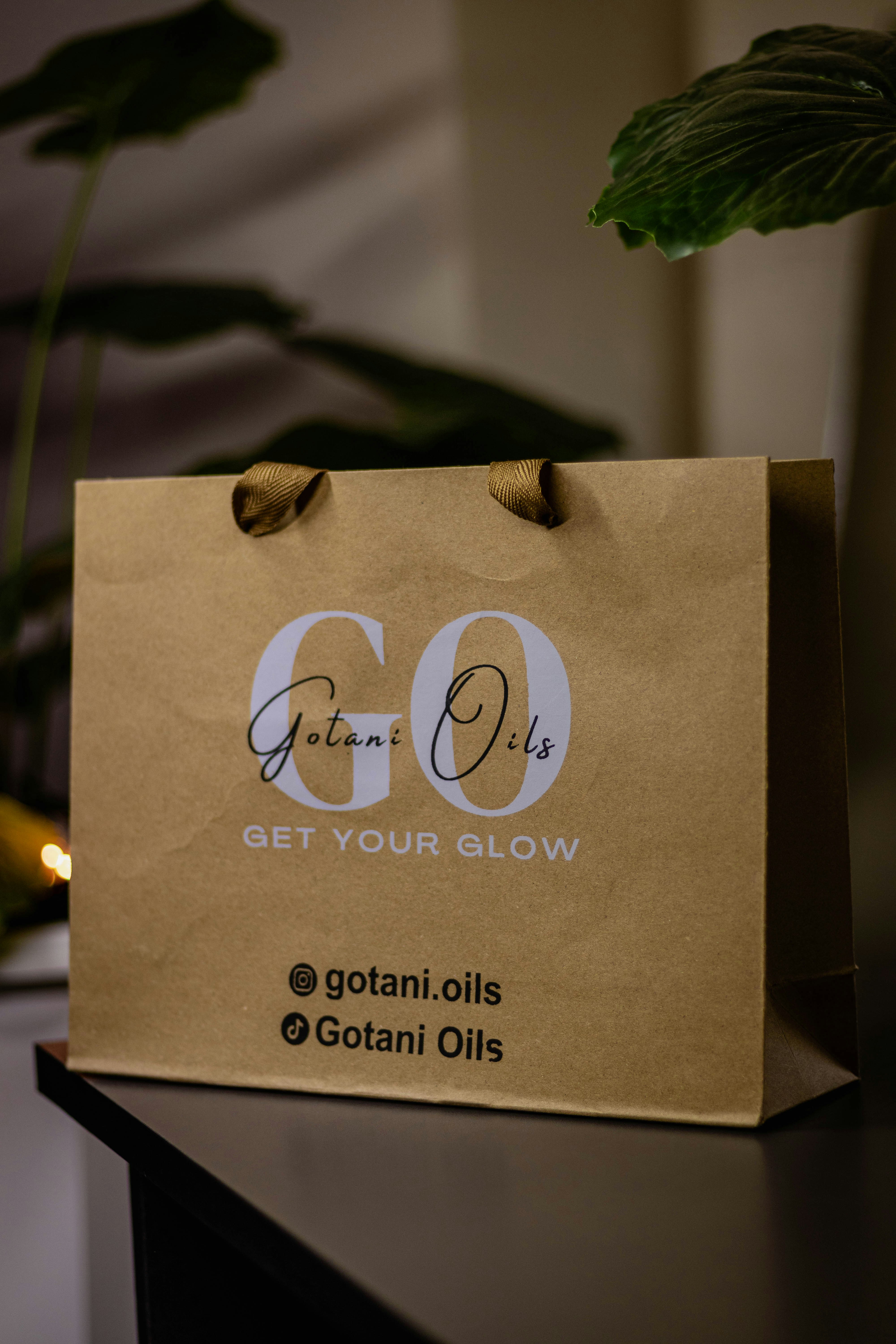 A paper bag advertises "gotani oils" skincare.