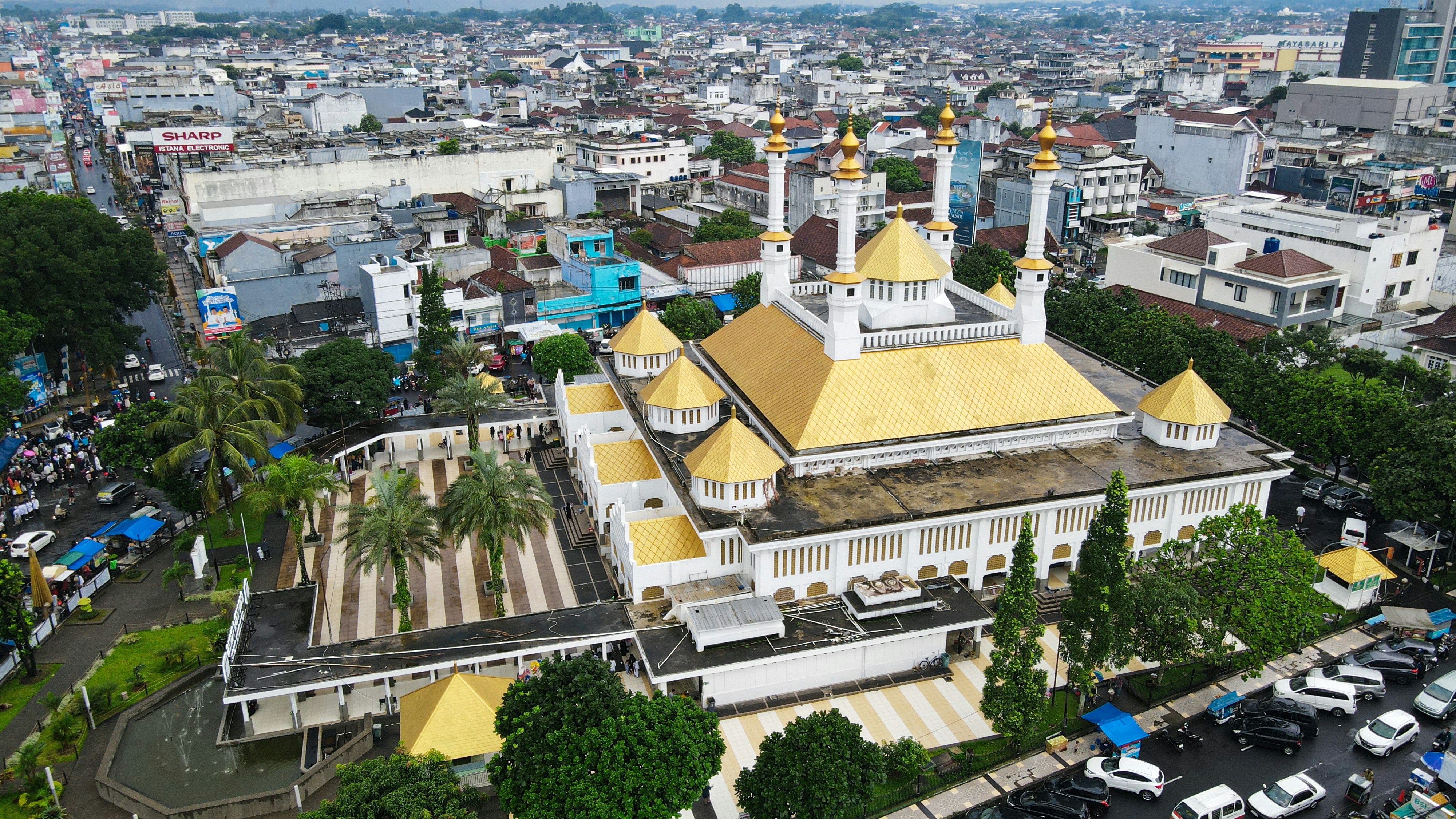 An aerial view of a beautiful mosque and city.