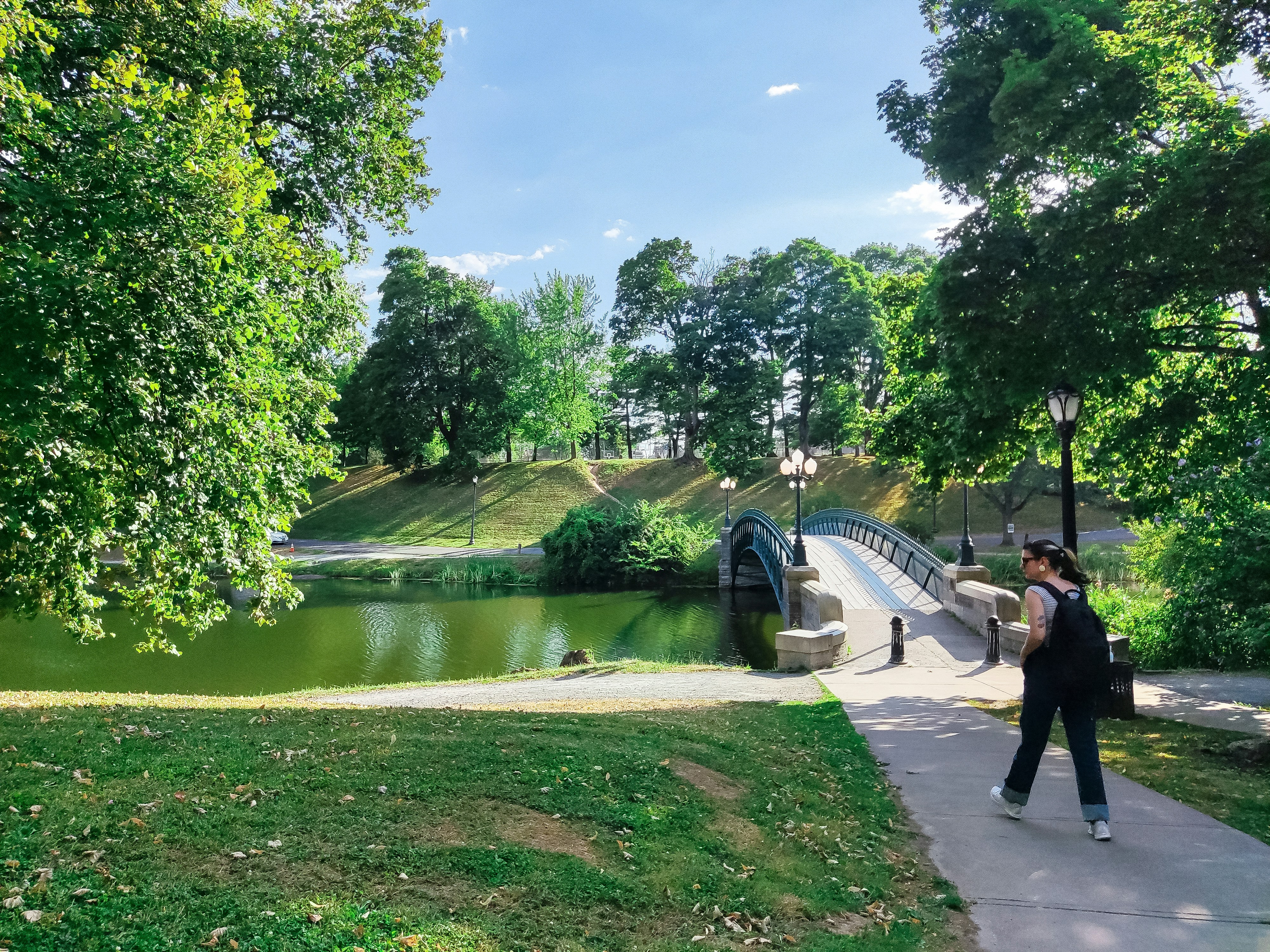 Calm Park Scene Near Niagara Falls - Peaceful green park near Niagara Falls with a river and tall trees on a sunny afternoon.