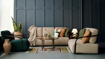 A stylish living room with comfortable furniture.