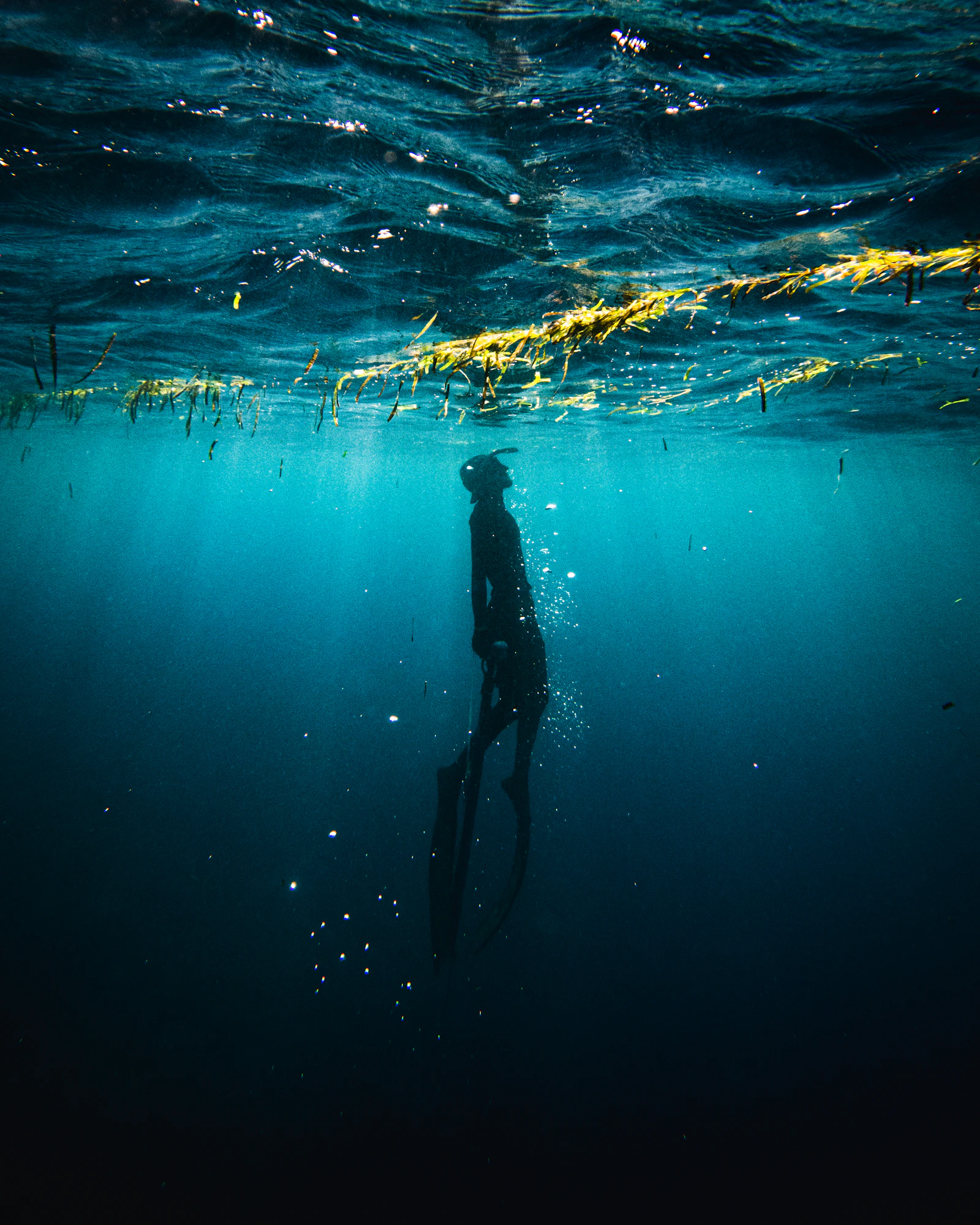 Freediver descending through blue water at Dahab