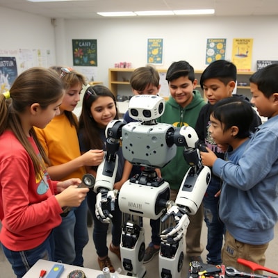Children surround and interact with a large robot.