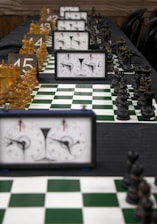 Chess clocks and boards ready for multiple games.