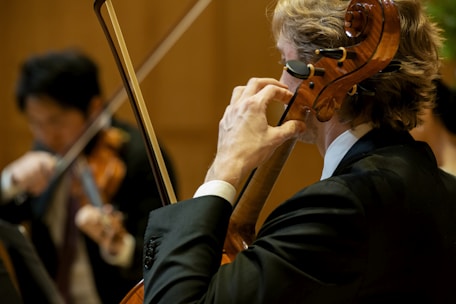 An orchestra plays musical instruments in concert.