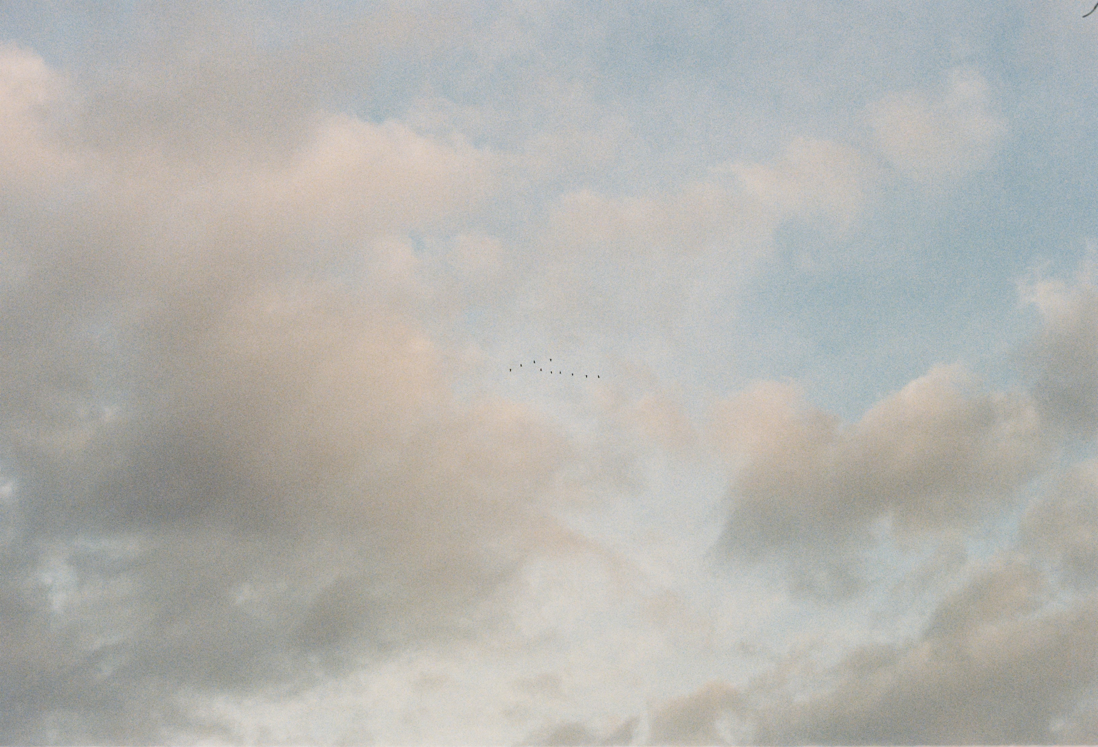Overcast sky filled with fluffy clouds.