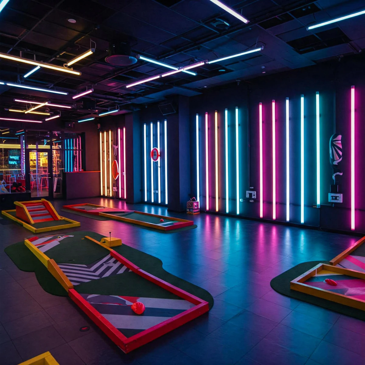 Indendørs minigolfbane oplyst med neonlys i mørket