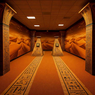 An egyptian-themed bowling alley creates a unique ambiance.