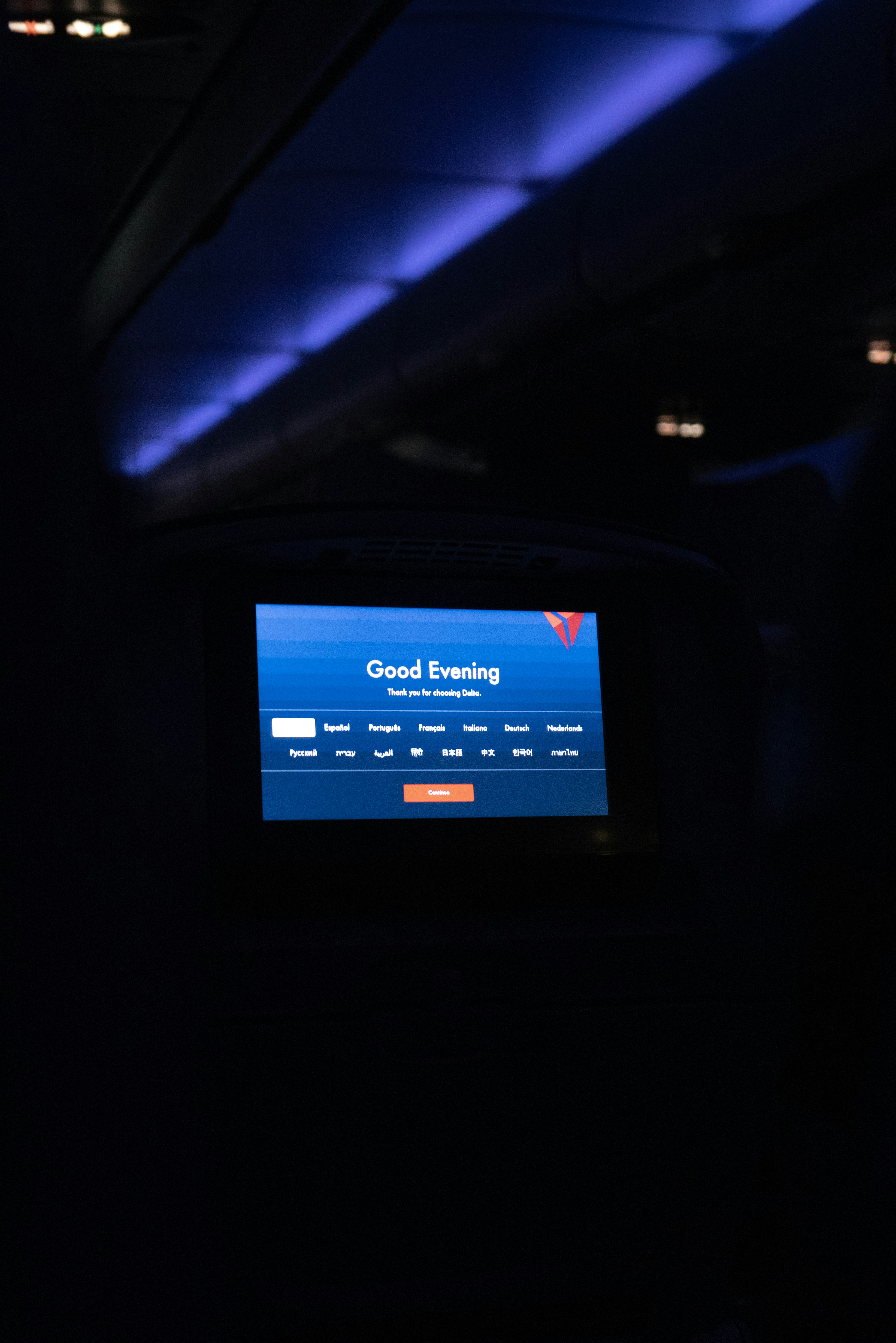 In-flight entertainment system displays "good evening."