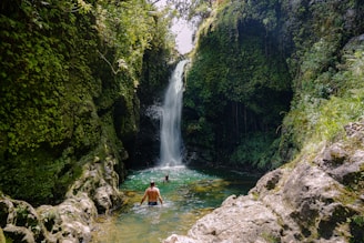 People swim in a refreshing waterfall.