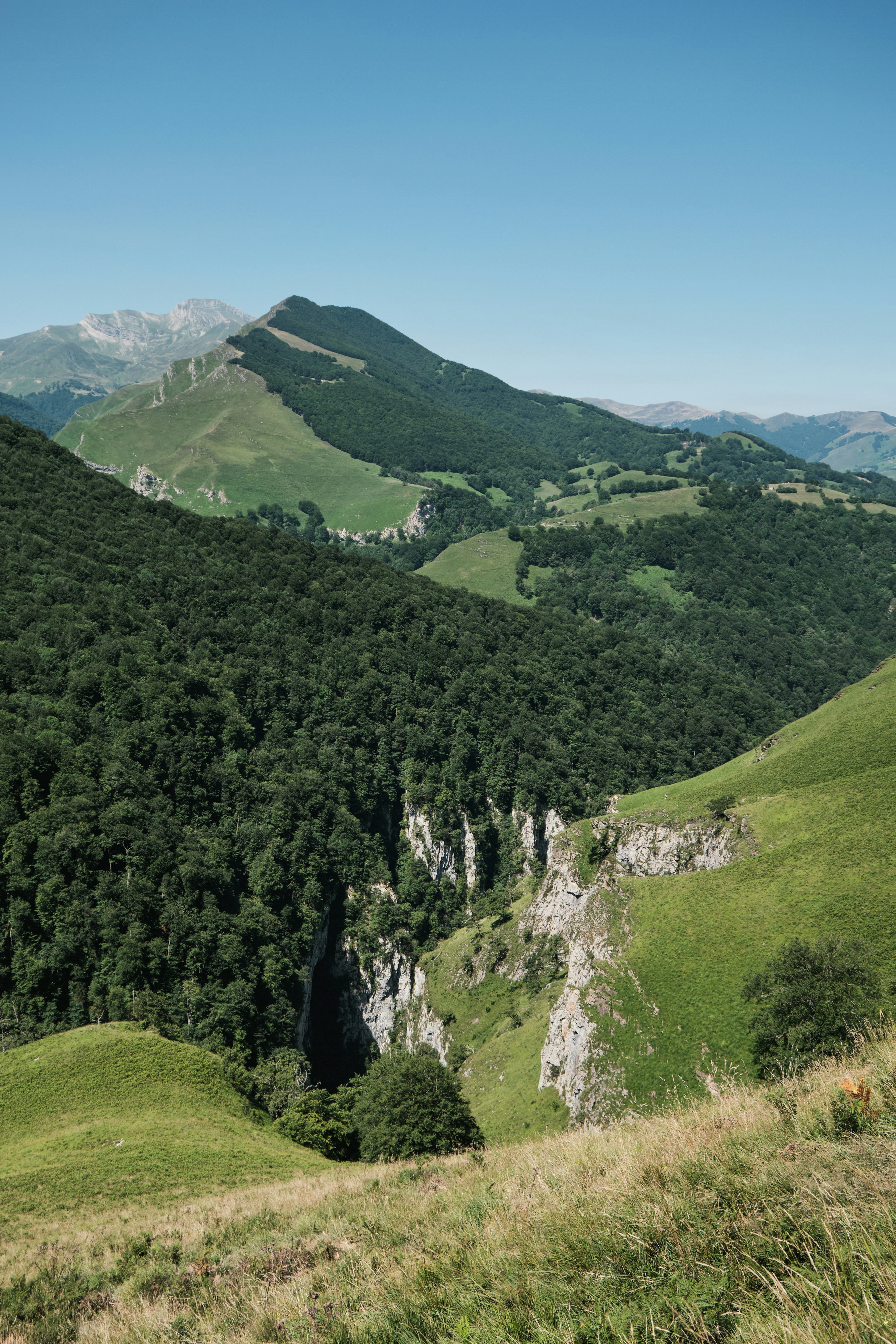 Colinas y montañas verdes bajo un cielo despejado.