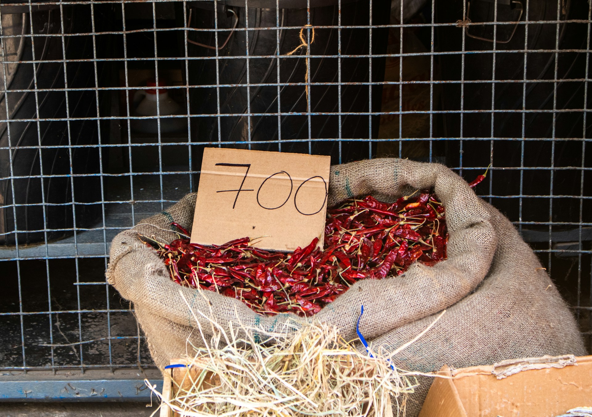 Bag of chili peppers for sale.