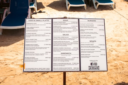 The beachside menu displays various food options.