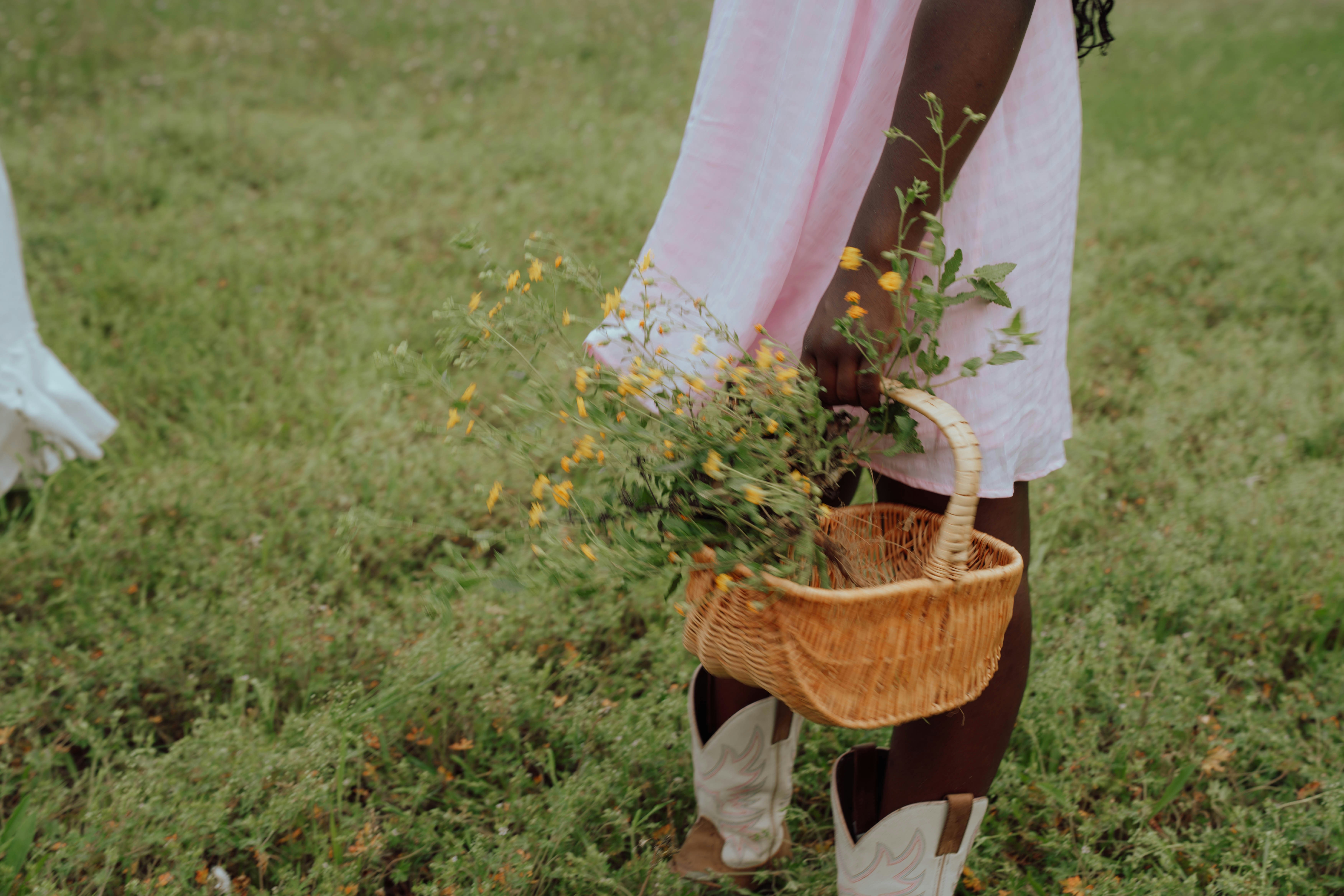 Person holds a basket of flowers in a field.