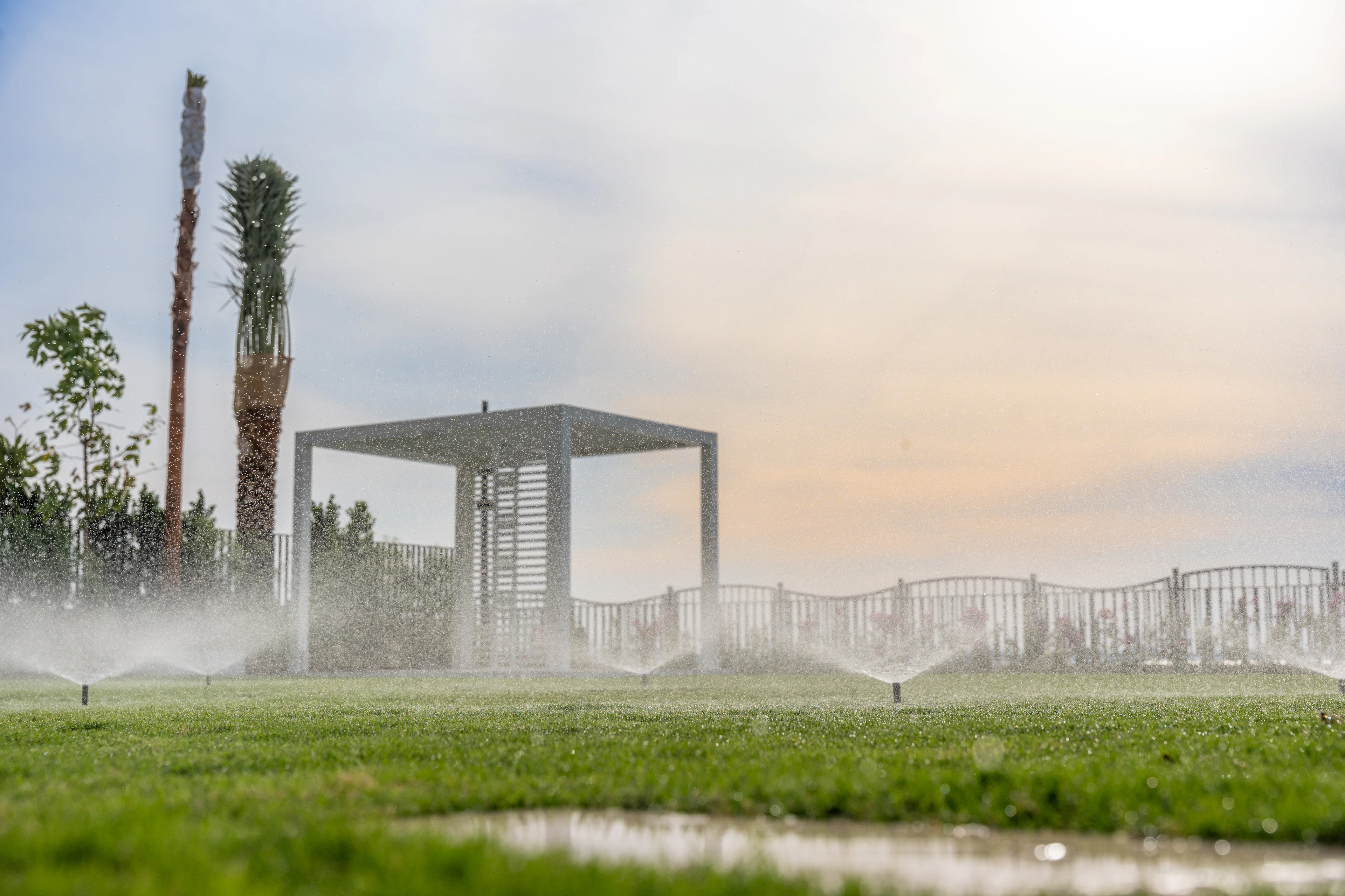 Sprinklers watering a green lawn beside a pergola