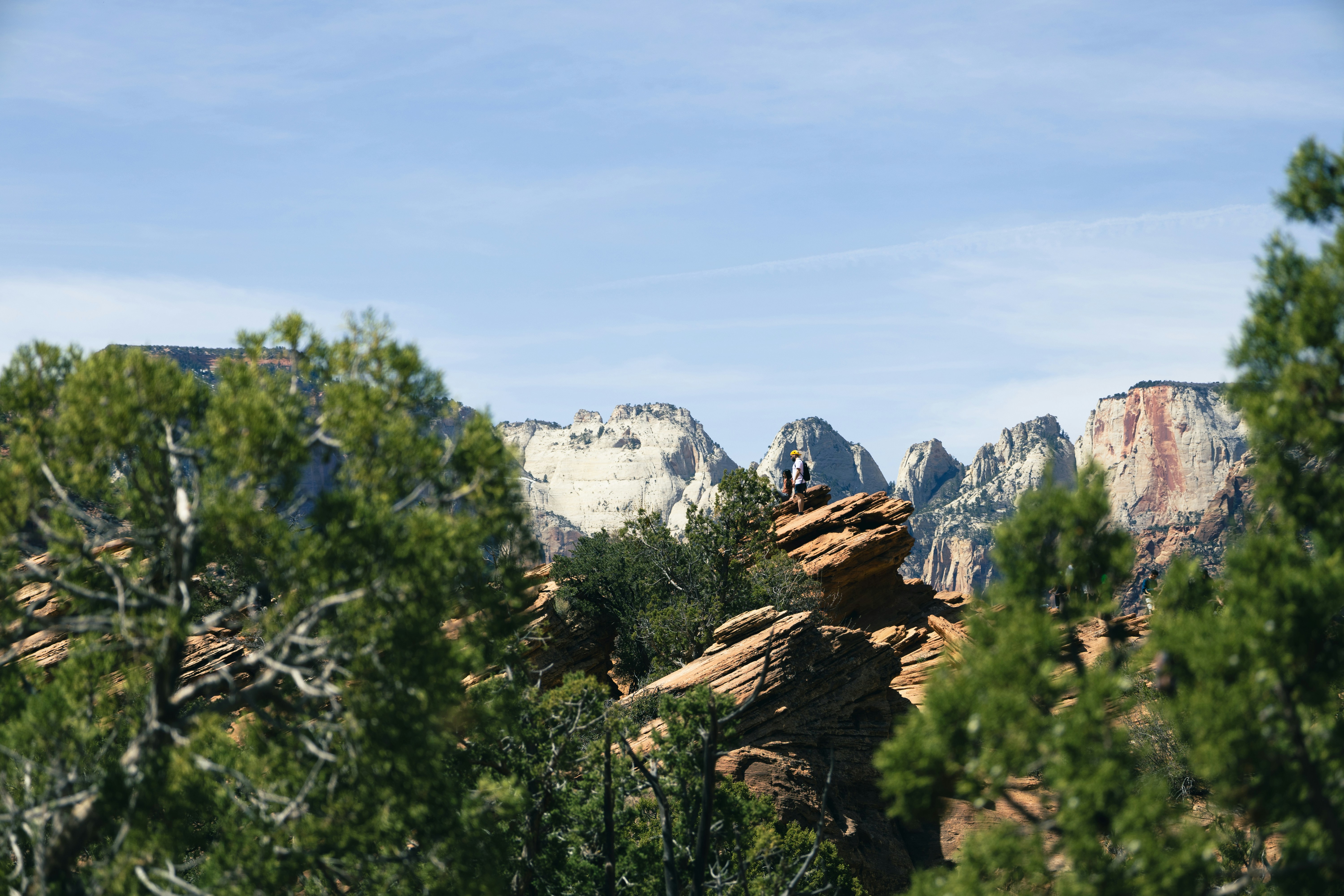 Mountains and trees stand under a blue sky.