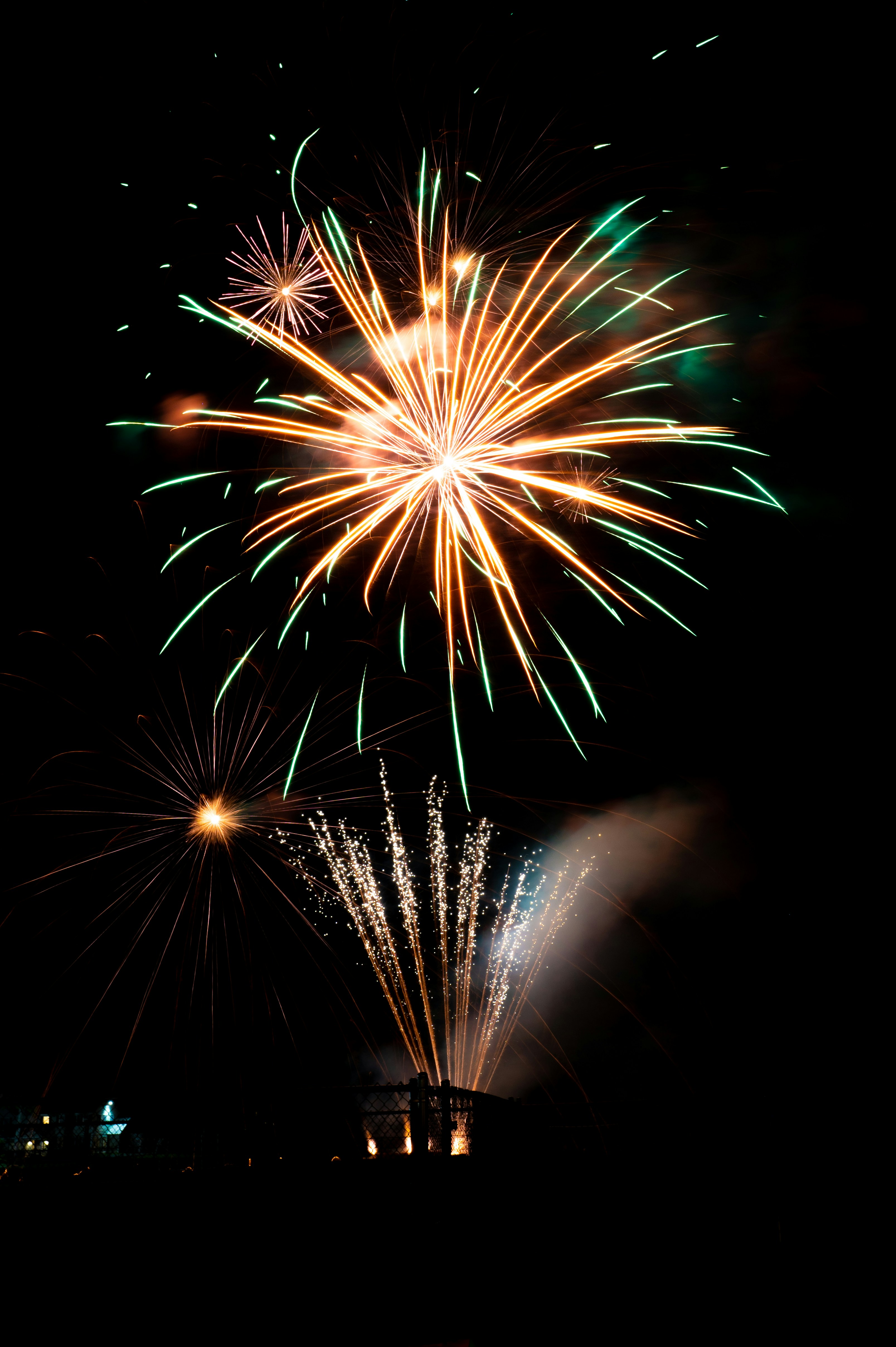 Fireworks explode in the dark night sky.