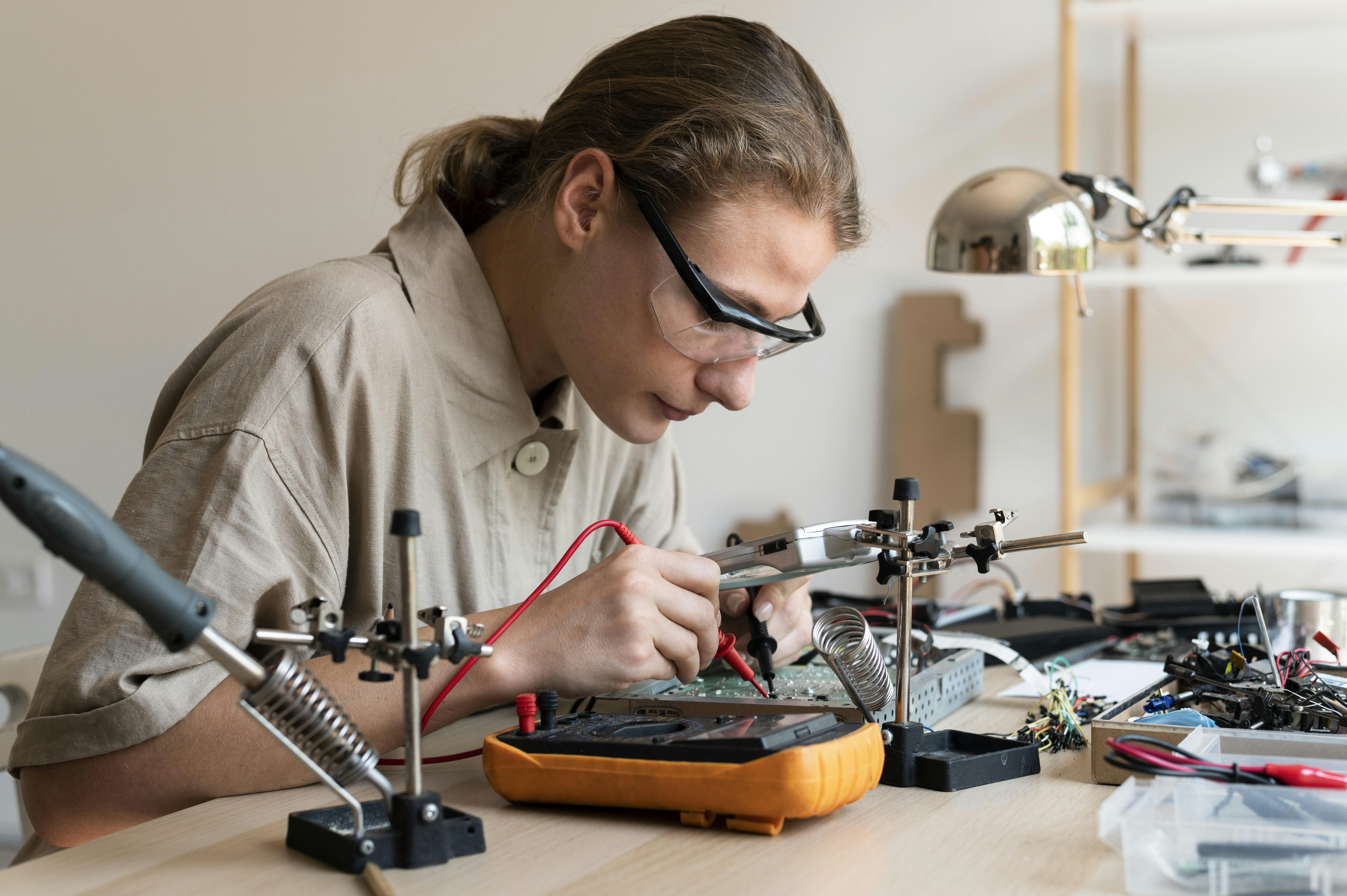 A technician is working on an electronic circuit.