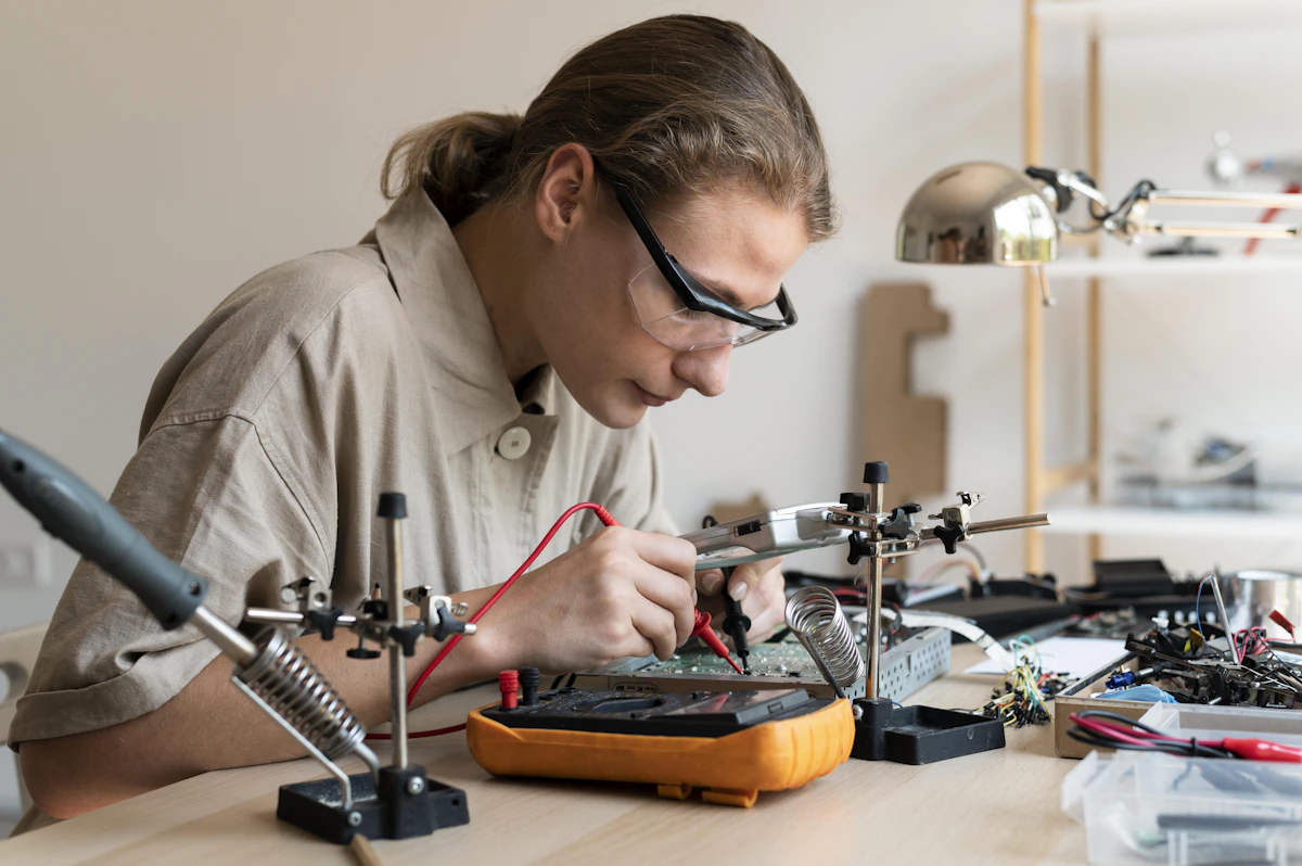 Technician repairing an electronic circuit board