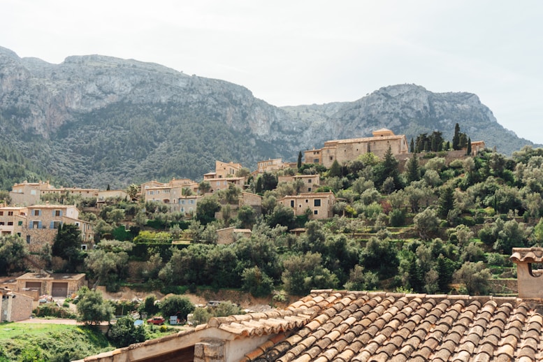 A picturesque village nestled amidst majestic mountains.