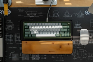 A mechanical keyboard and mouse on a desk.