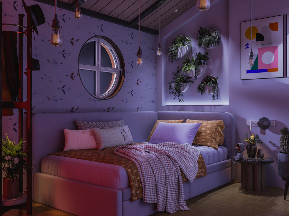 A highly personalized retro bedroom wall covered entirely in alt-rock band posters, vinyl records, and warm amber wire string lights.