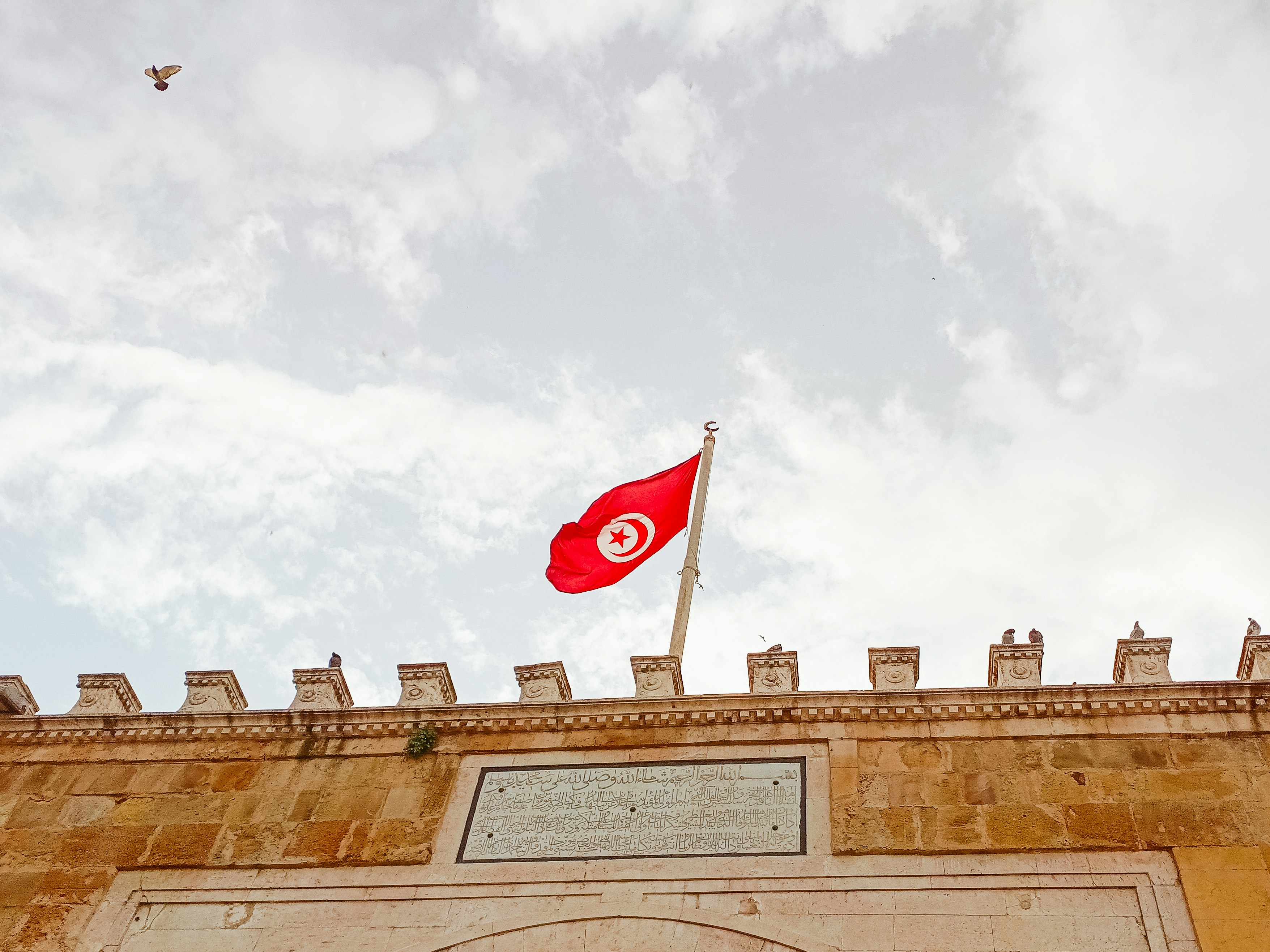 The tunisian flag waves proudly in the sky.