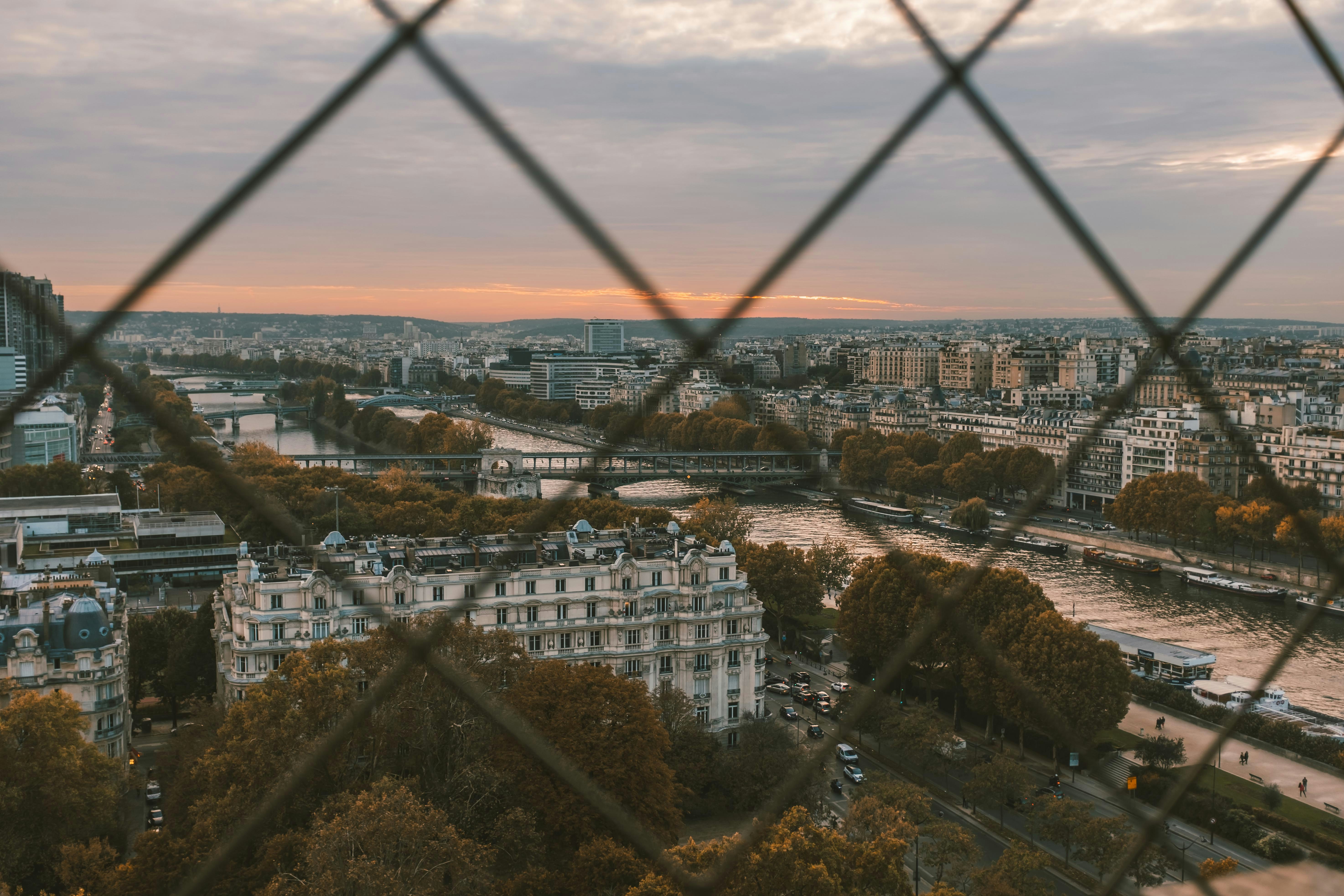 Paris skyline seen through a diamond-patterned grid.