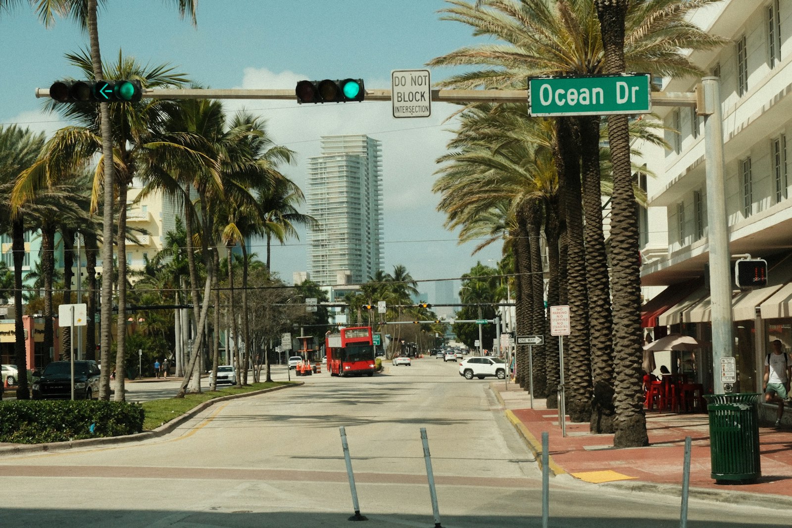 Ocean Drive in Miami Beach with Art Deco buildings and palm trees