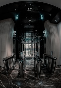 A dark, modern entrance to a building.