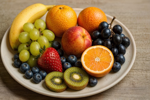 A plate of colorful, fresh fruit.