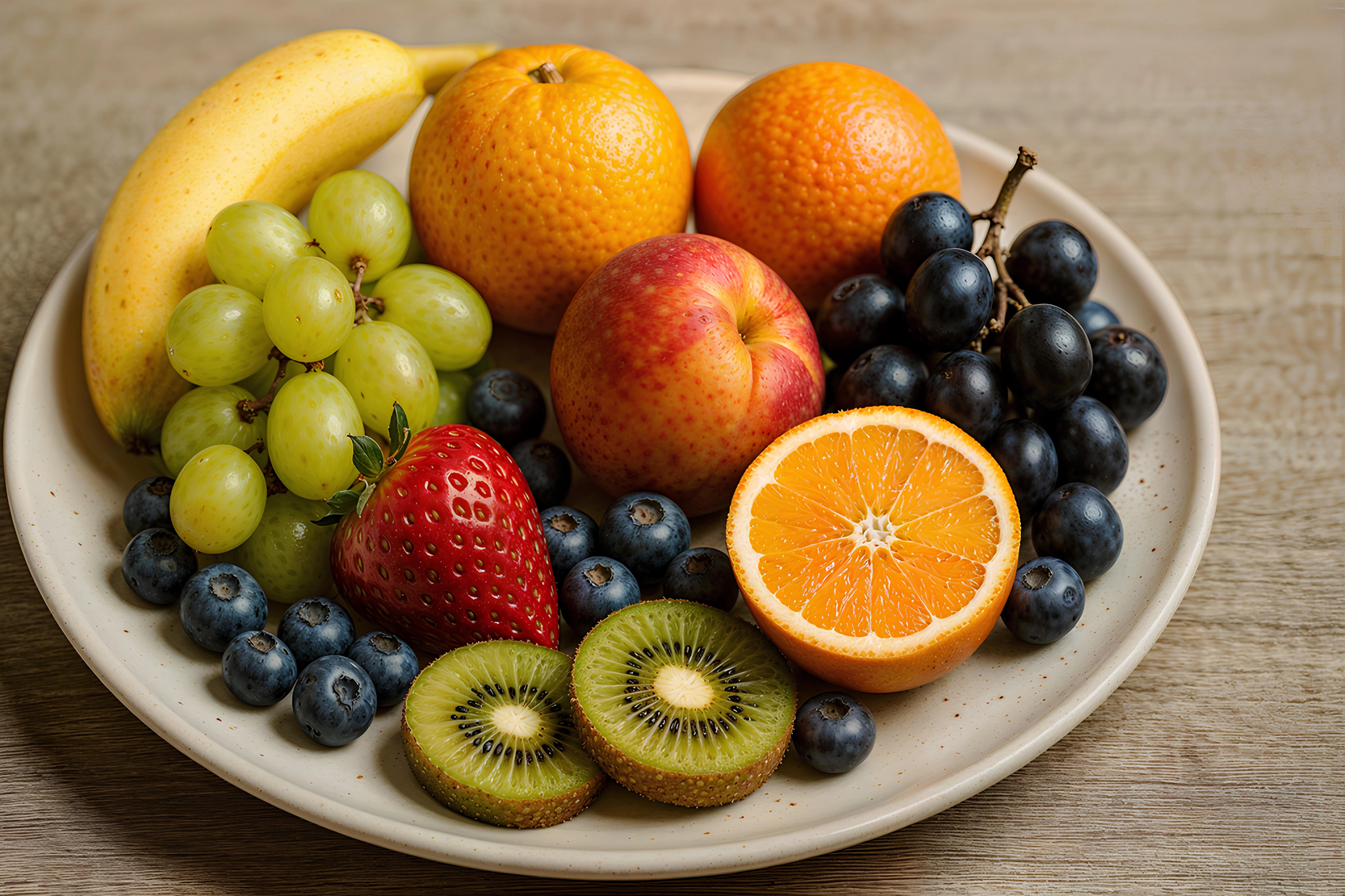 Assiette de fruits frais : banane, oranges, raisin, pomme, kiwis et myrtilles