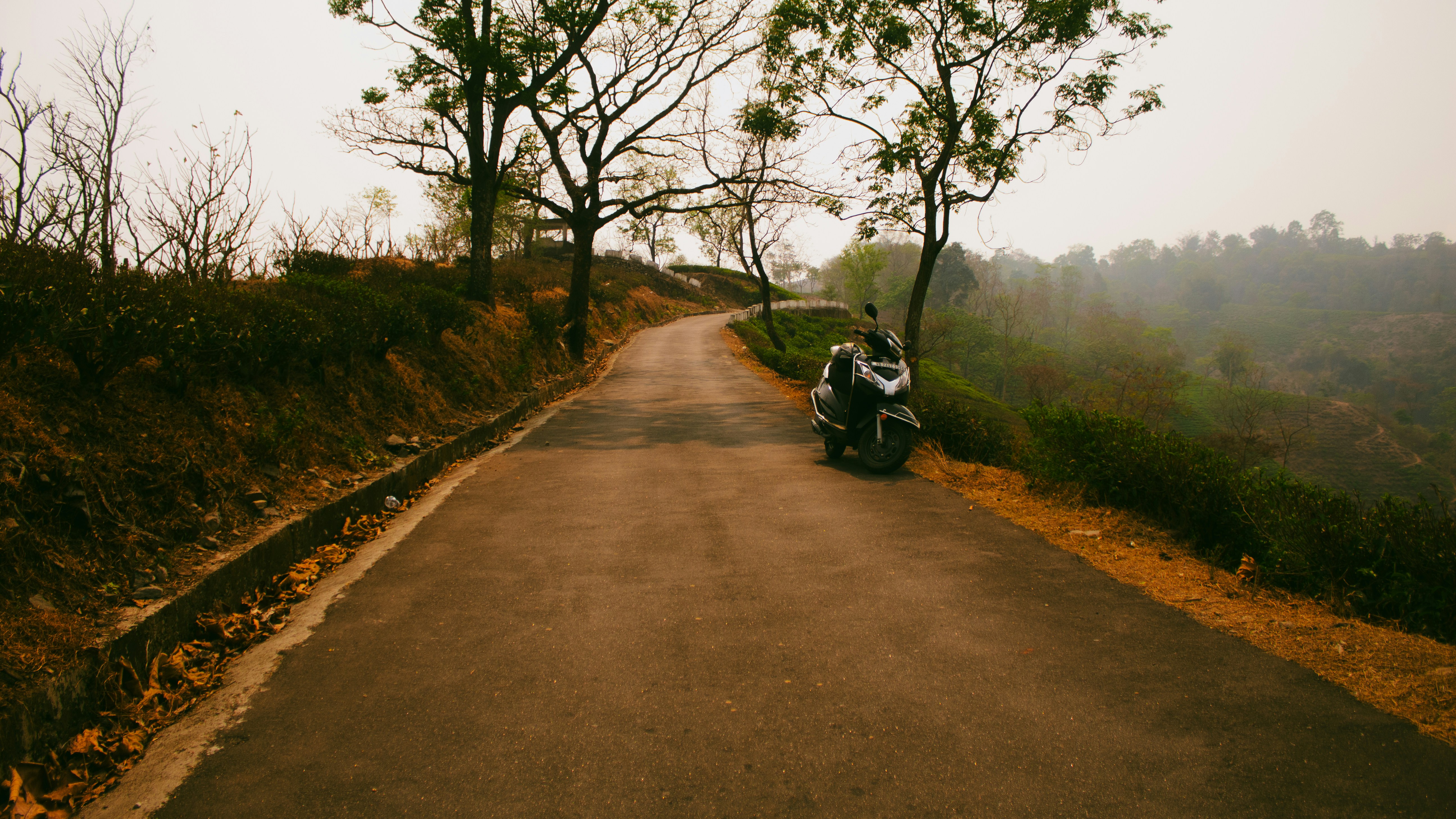 A scooter parked on a winding, empty road.