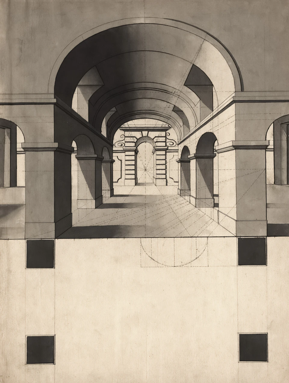 Detailed architectural drawing of a Renaissance-era archway with multiple columns and arches