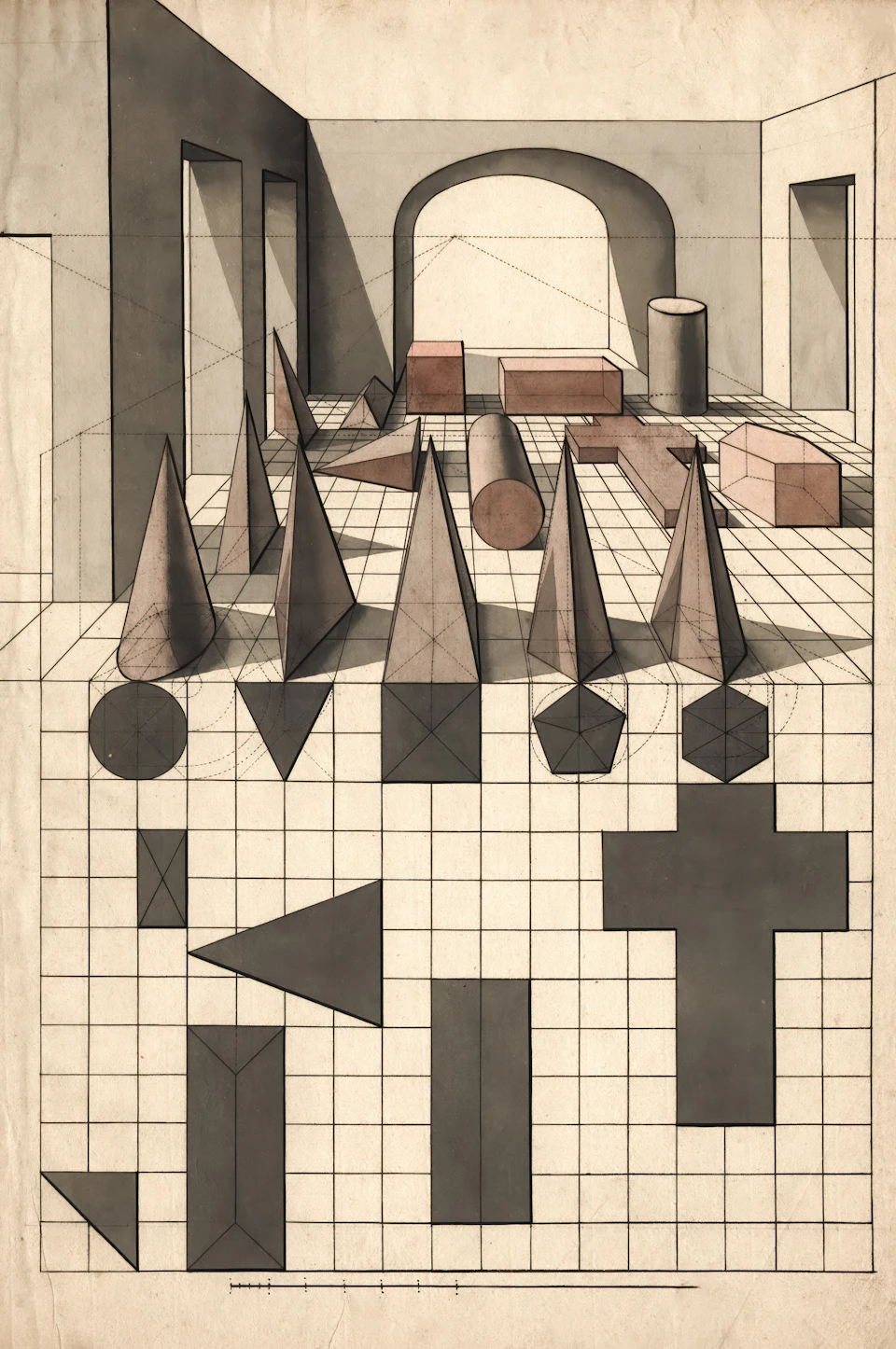 Geometric shapes, including triangles, rectangles, circles, and cubes, are arranged on a grid background