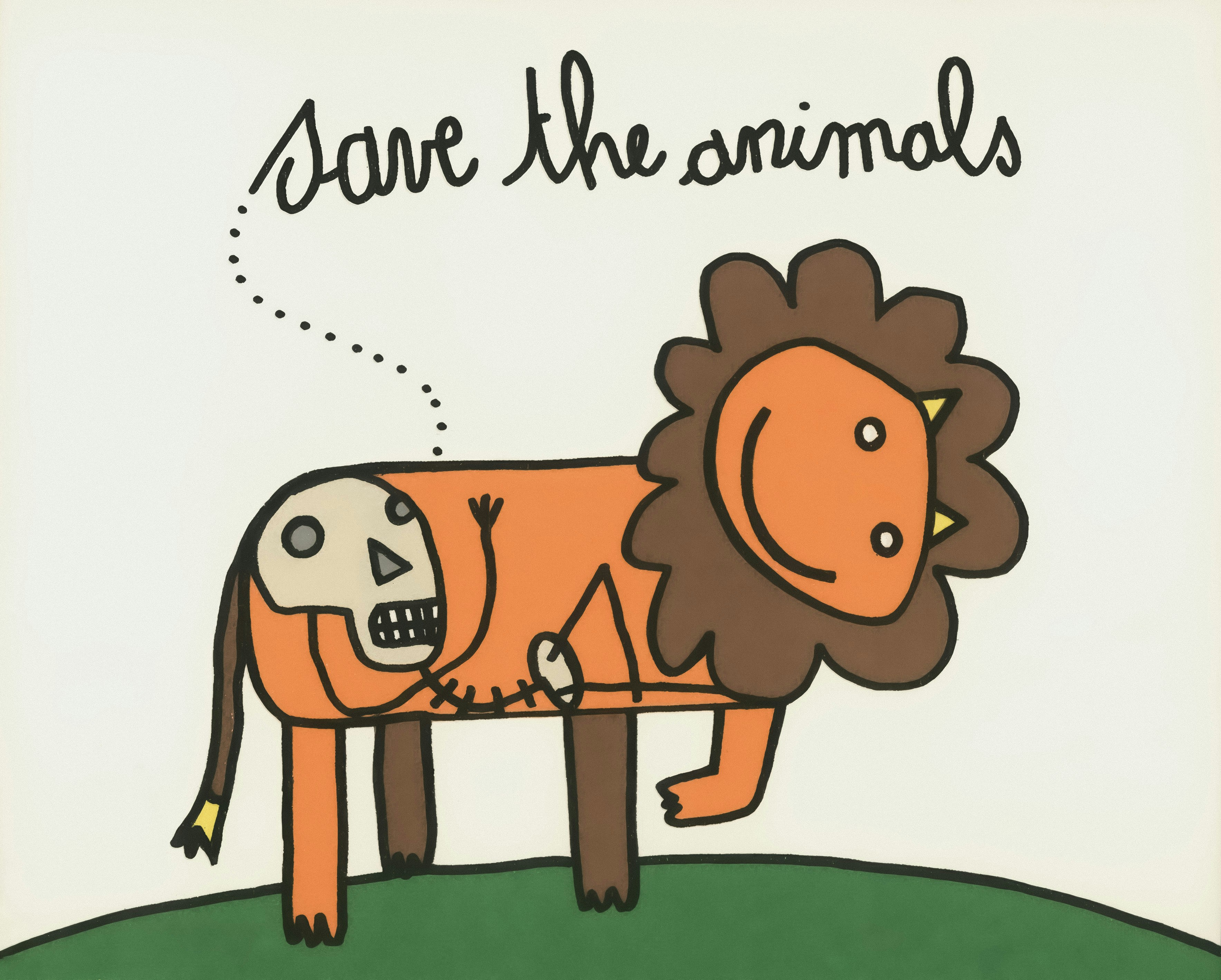 Sauvez les animaux, un lion de dessin animé avec un crâne à l’intérieur