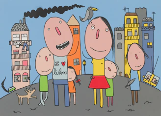A whimsical family portrait with a cityscape background
