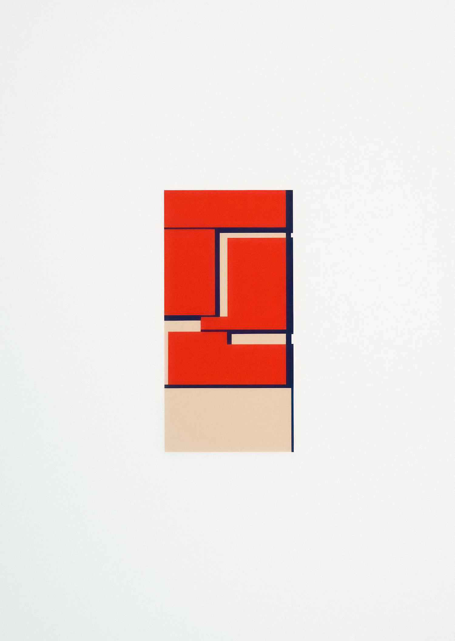 Abstract print of a small red and beige block on a white sheet
