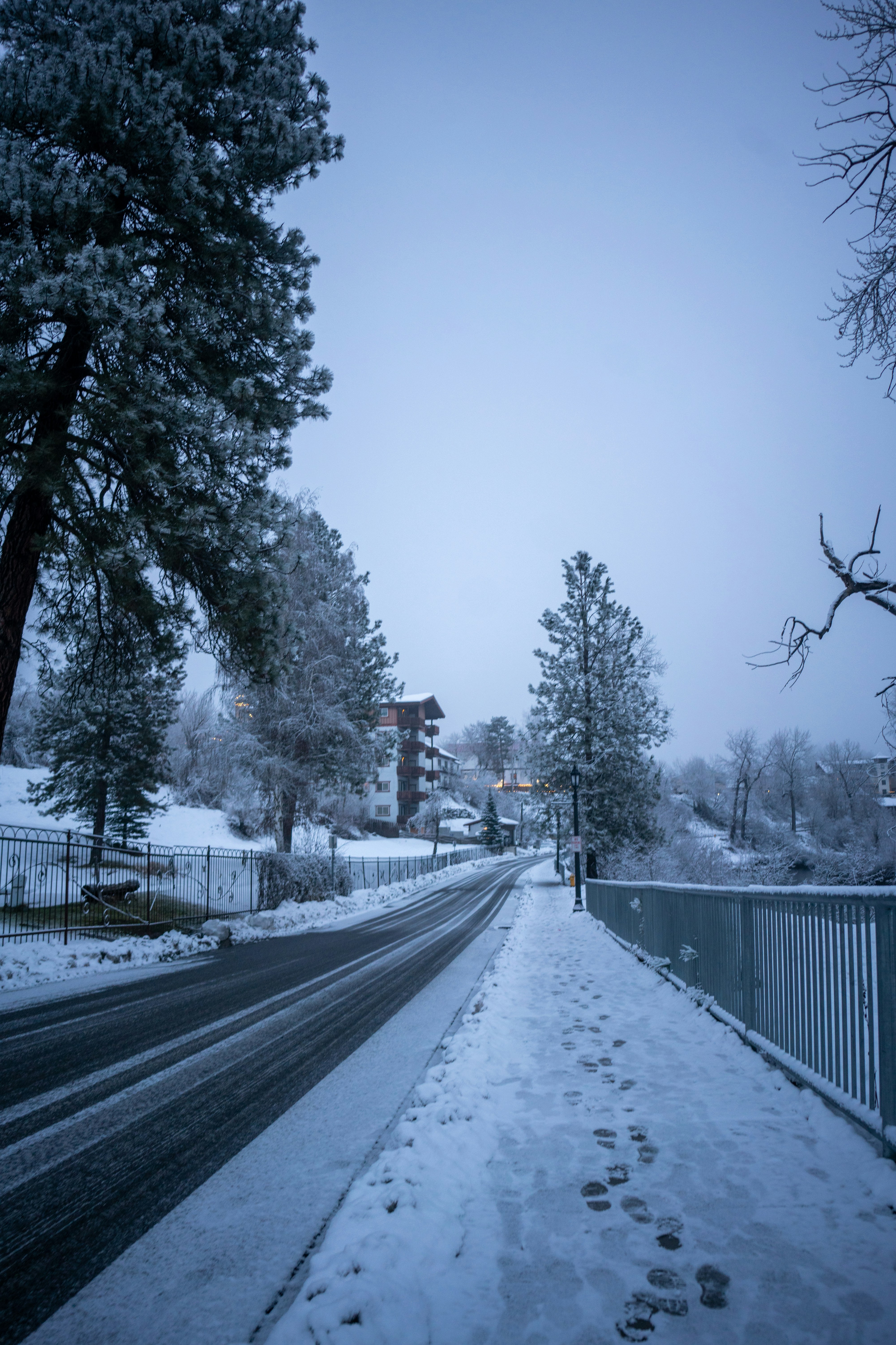 Snowy road winds through a wintry scene.